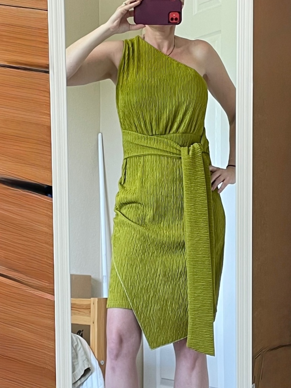 Olive Green One Shoulder Crinkle Texture Tie Waist Dress XL
